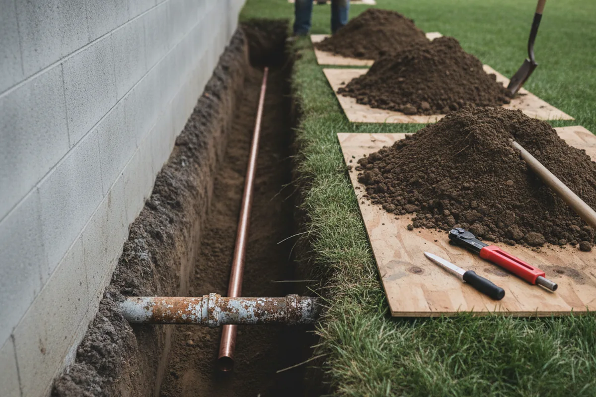 Excavated water line trench during Sewer Line Repair in Brilliant